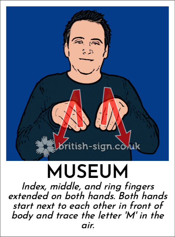 Museum: Index, middle, and ring fingers extended on both hands.  Both hands start next to each other in front of body and trace the letter 'M' in the air.
